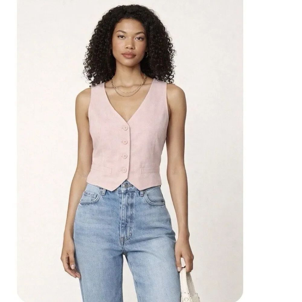 Rolla’s Dallas Linen Vest Brulee Pink Button Front Tailored V Neck Top Size S